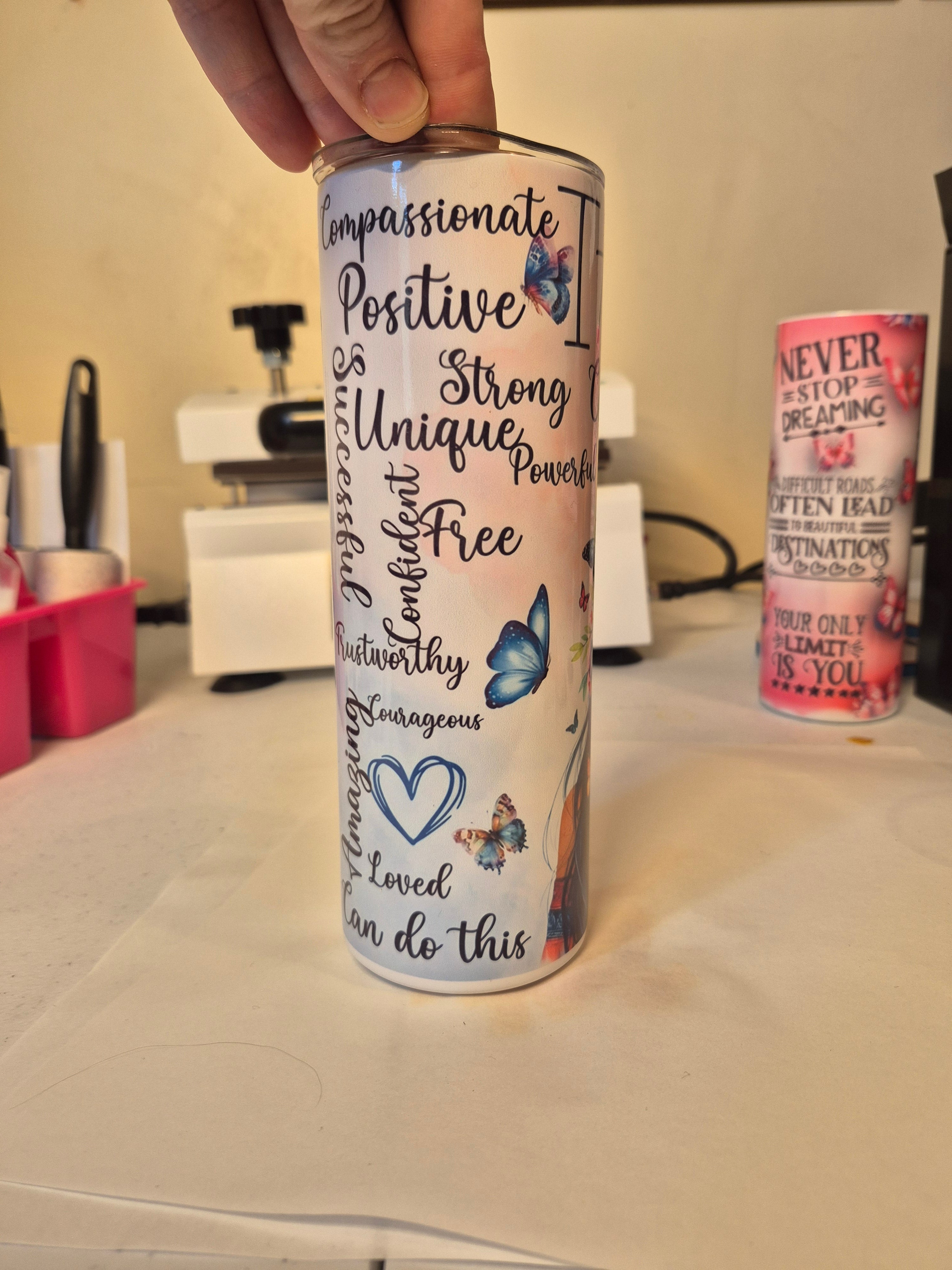 "I am" inspirational quotes butterflies tumbler