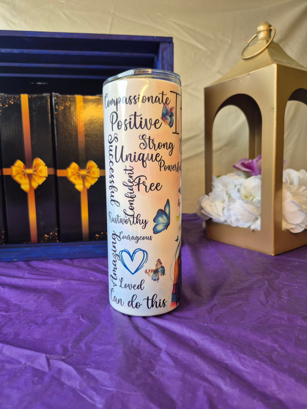 "I am" inspirational quotes butterflies tumbler